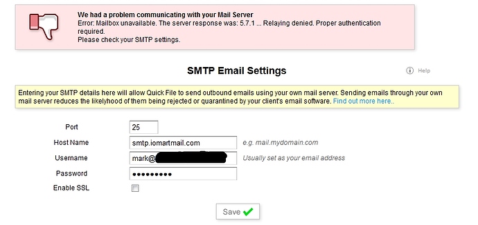 SMTP email settings error - Relaying denied - support ...